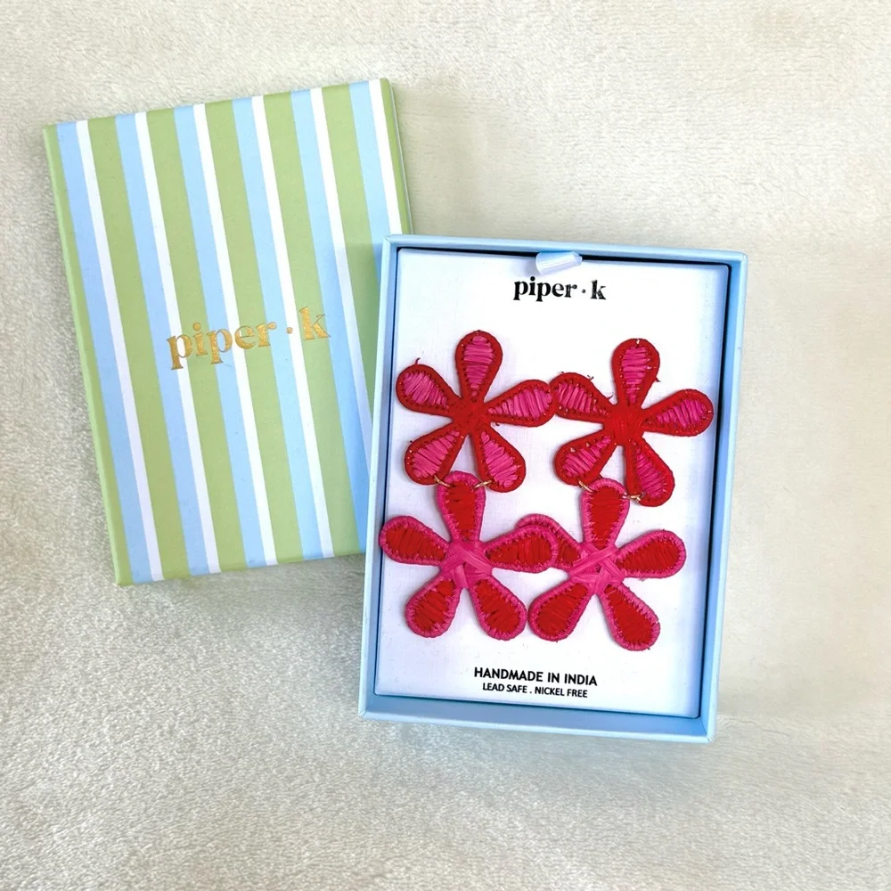 Piper K Raffia Pink & Red Statement Flower Earrings